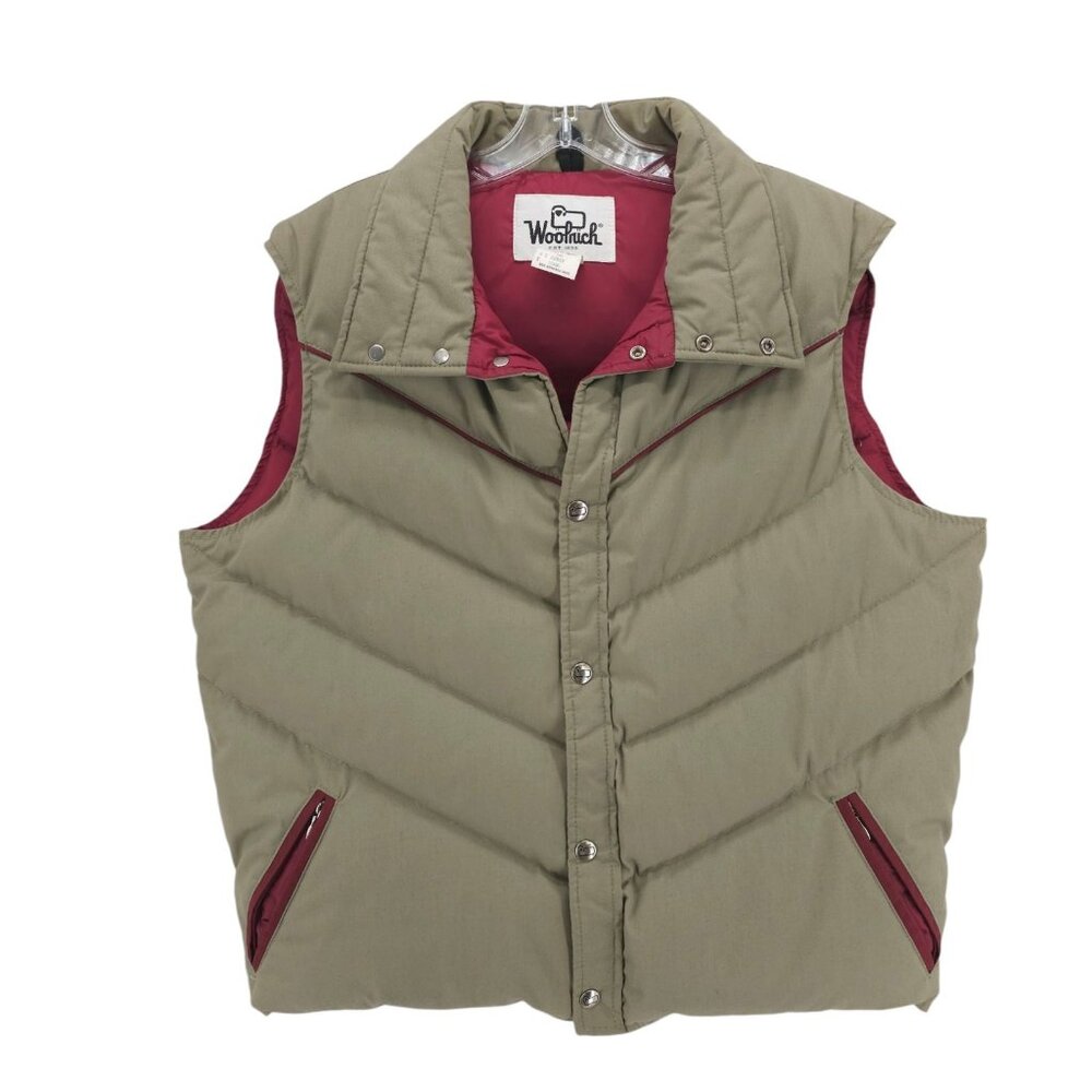 WOOLRICH Vintage Puffer Vest Down Fill Tan Red Snap Button Size LARGE